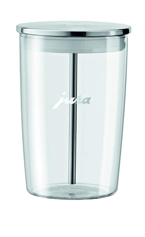 Jura 72570 glass milk container front view for easy milk monitoring and frothing prep