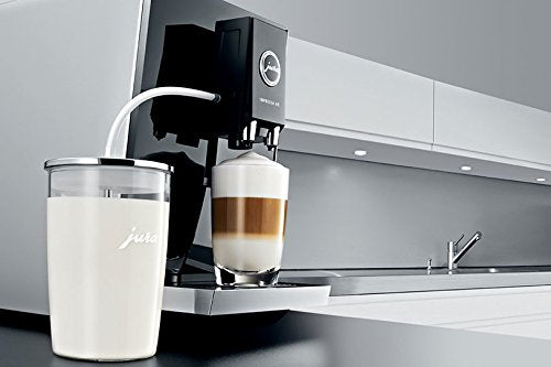 Jura 72570 glass milk container side view showing compact design for kitchen counter