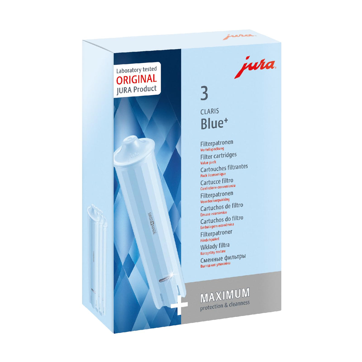 Jura CLARIS Blue+ filter cartridge set for clean water before each brew.