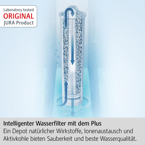 Jura CLARIS Blue+ upflow filtration delivers precise water for each brew.