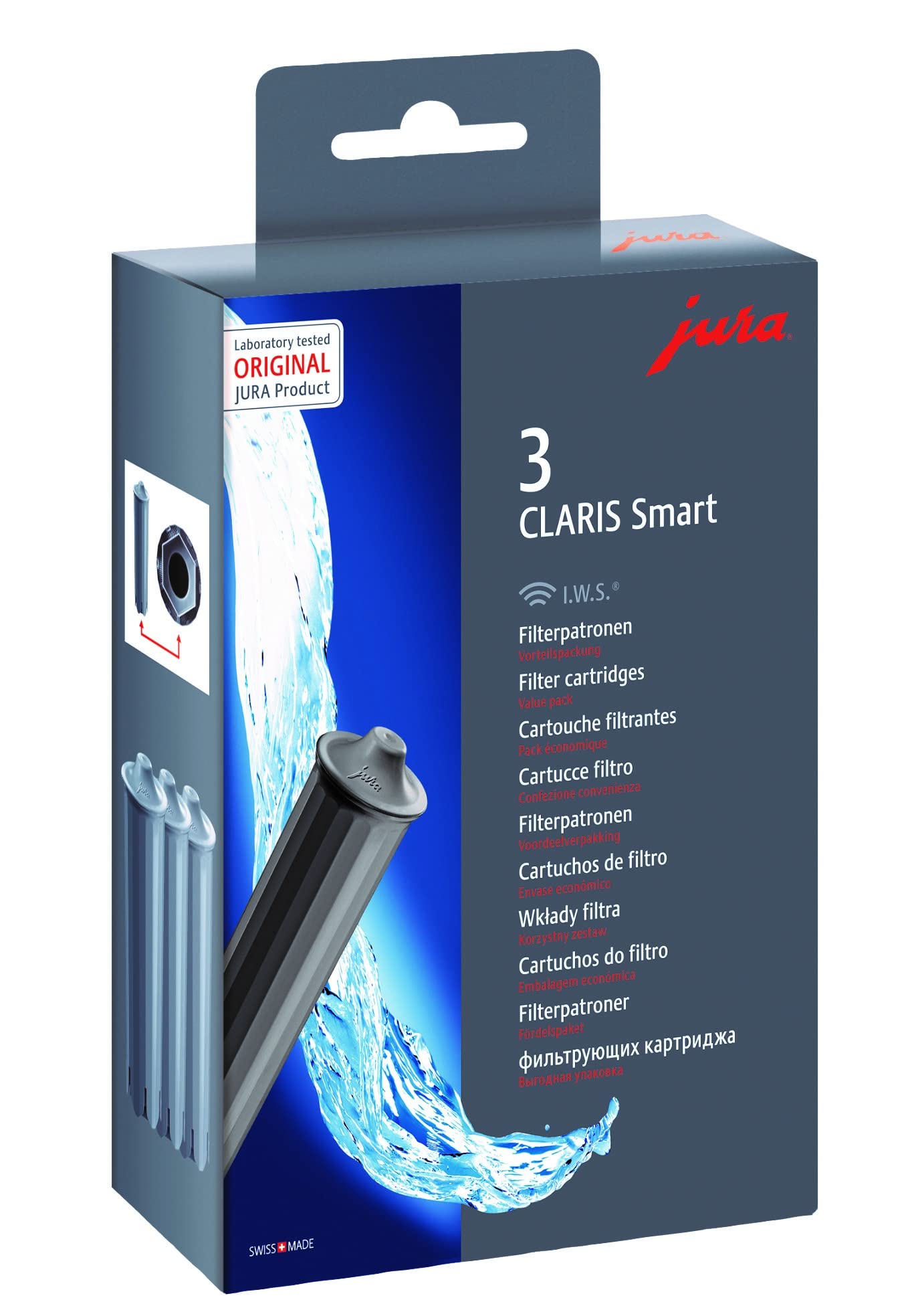 JURA CLARIS Smart filter cartridge grey front view for improved water quality.