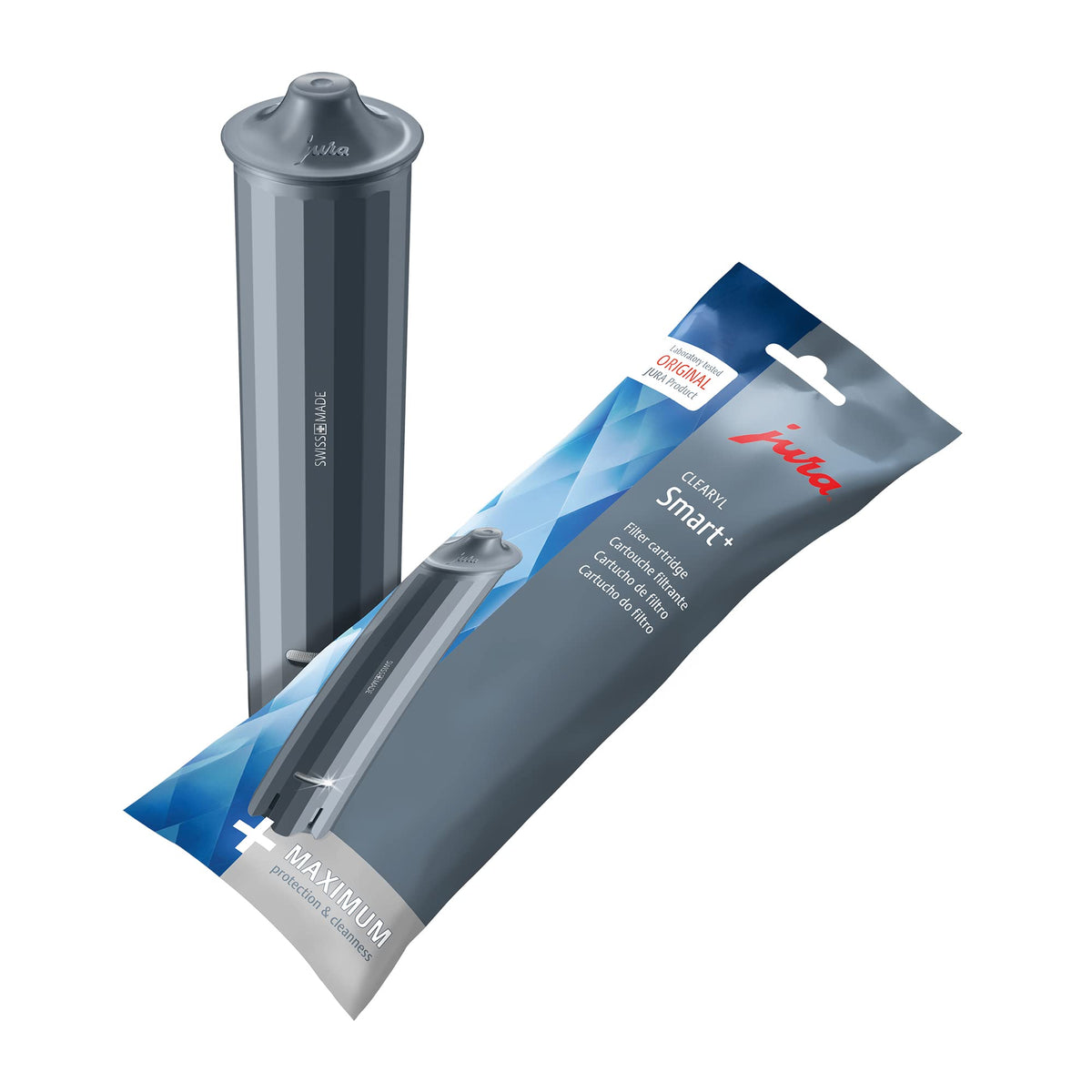 Jura CLEARYL Smart+ filter cartridge close-up showing filtration for clean coffee water.