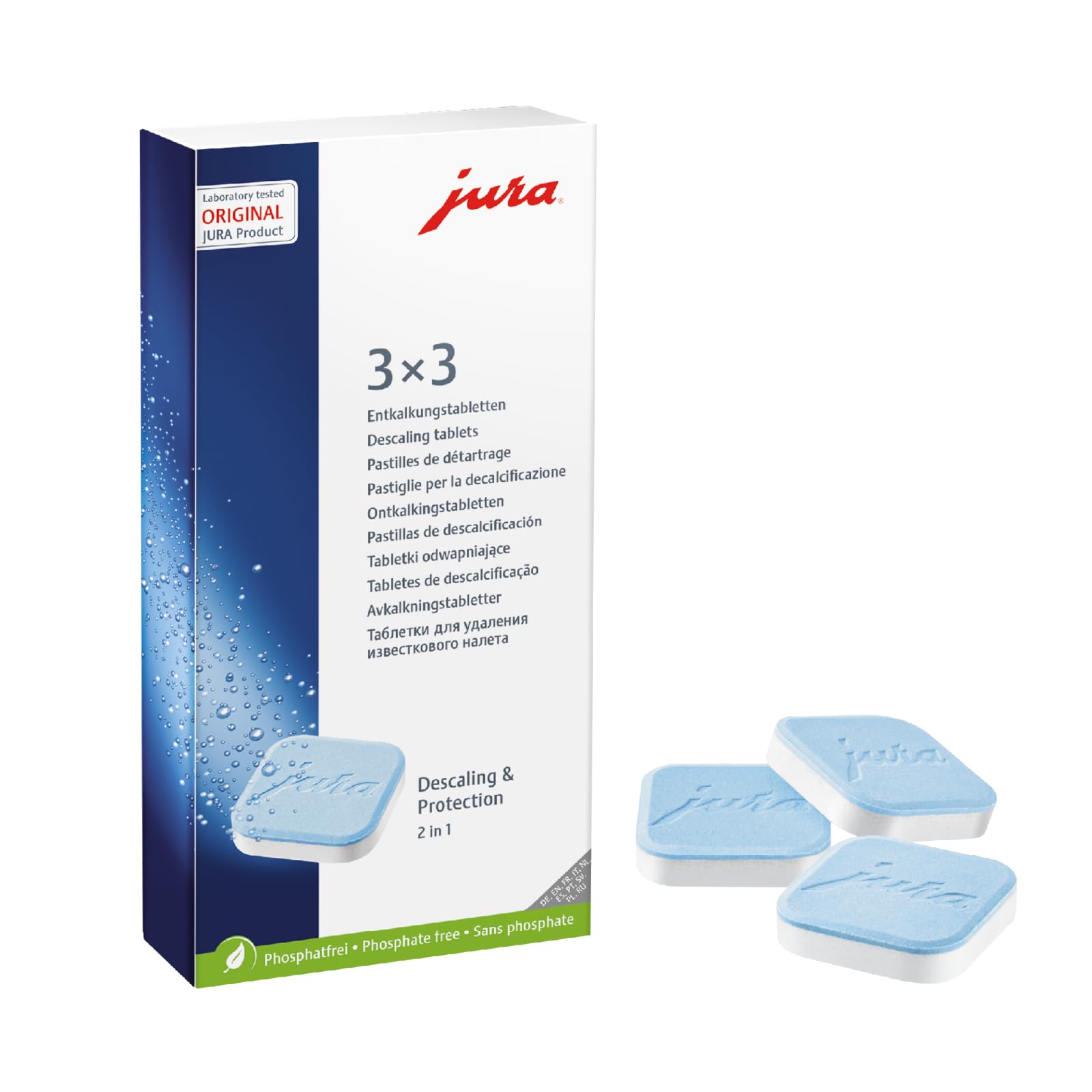 Jura Decalcifying Tablets European version box, easy maintenance for consistent coffee flavor.