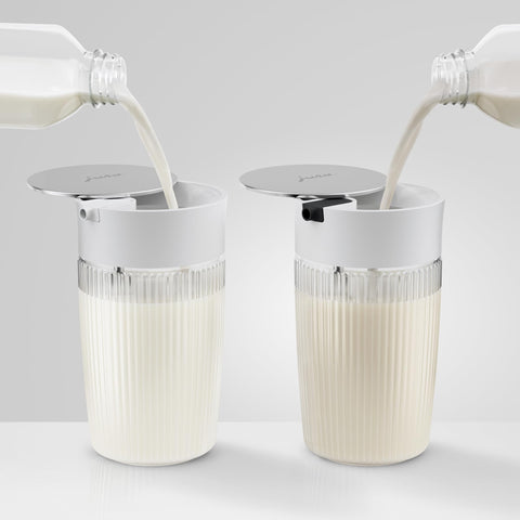 Elegant Nordic-inspired design of the JURA glass milk carafe on a counter.