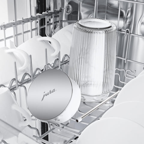 Sturdy base keeps the Jura glass milk carafe steady during use.