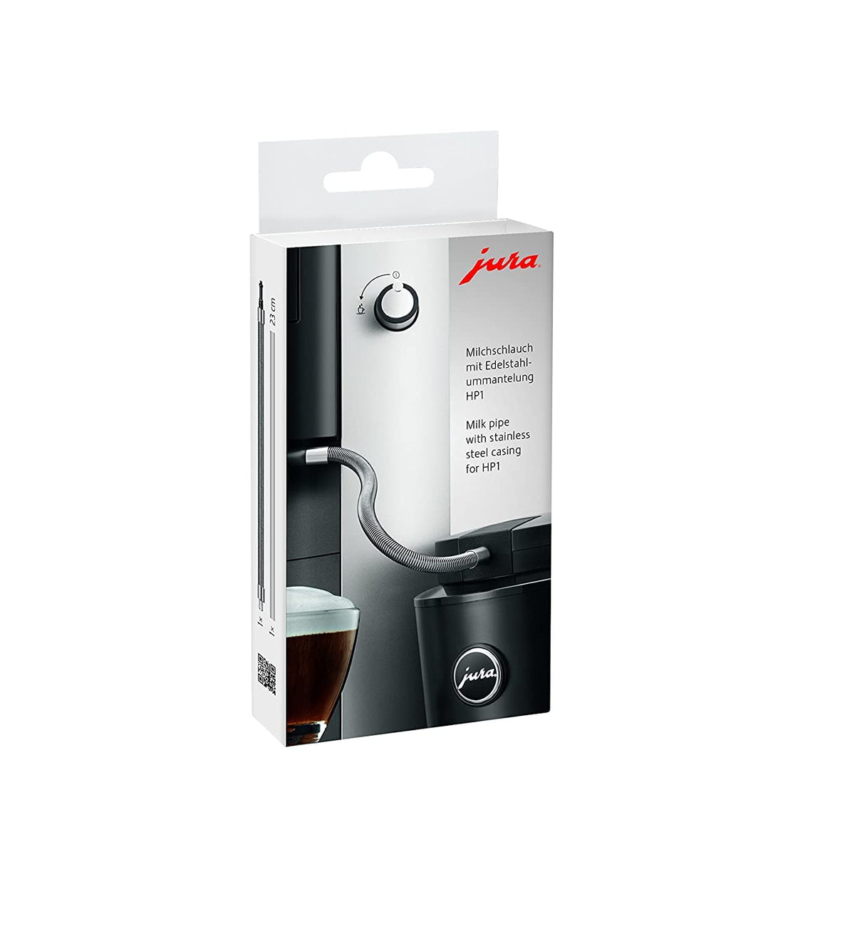 Jura milk tube with stainless steel casing ensures hygienic milk delivery on compatible machines.
