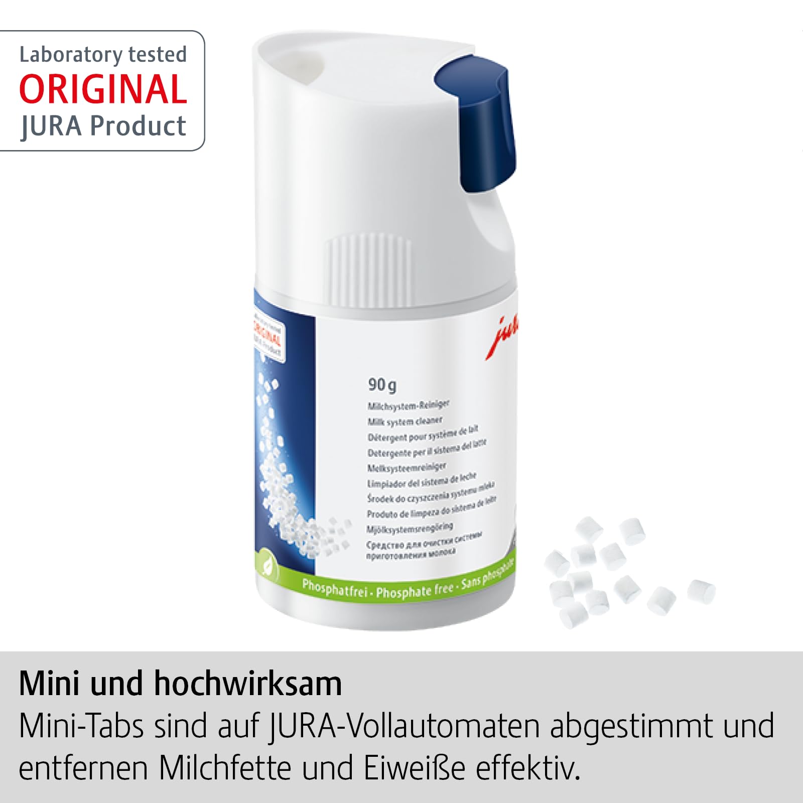 Close-up of Jura Mini Tabs 90g pack for 30 cleanings.