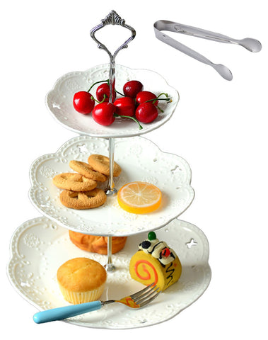 Jusalpha three-tier white porcelain stand top tier showcases cupcakes beautifully.