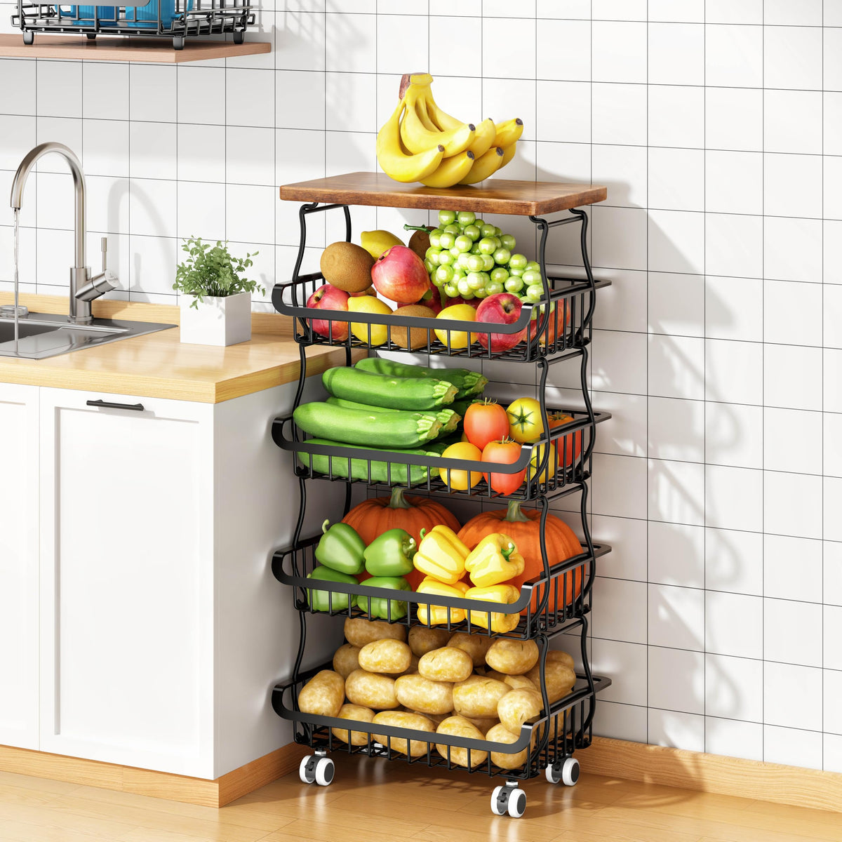 Jusdyrack 5-tier stackable basket for efficient kitchen storage and easy access