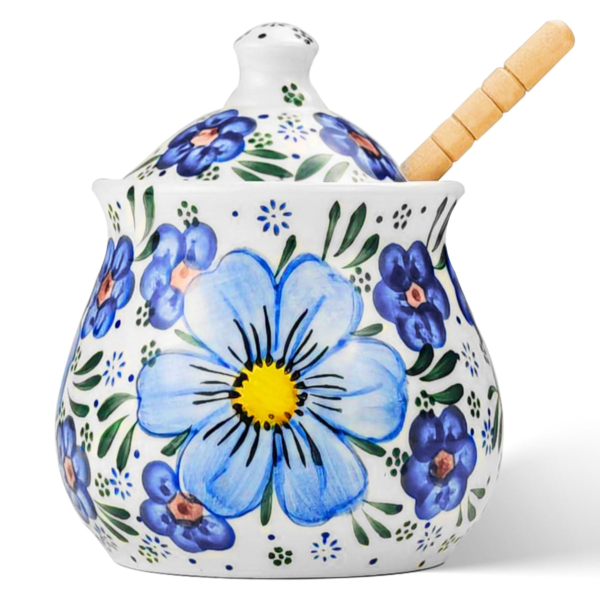 JUSONEY ceramic honey pot with dipper and lid for mess-free serving.