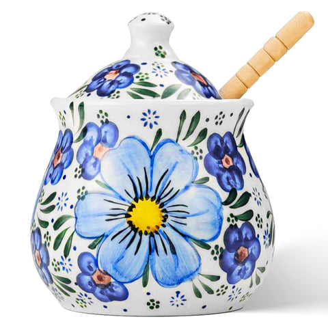 JUSONEY ceramic honey pot with dipper and lid for mess-free serving.