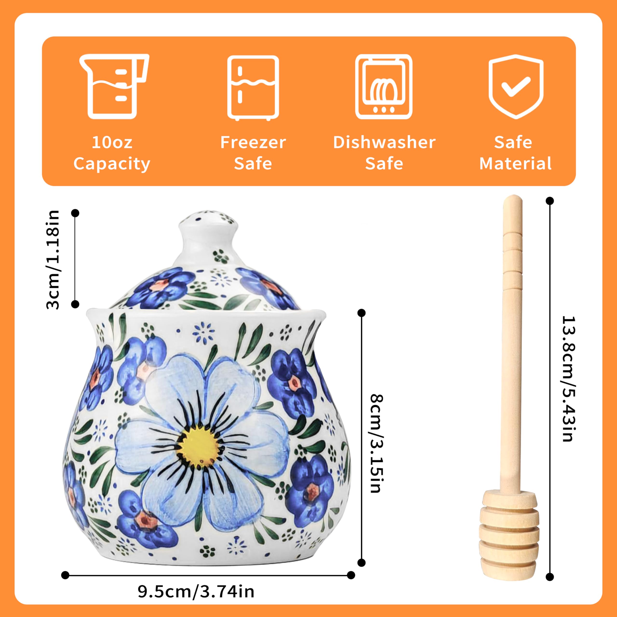 JUSONEY honey pot with handpainted flowers brightens breakfast table.