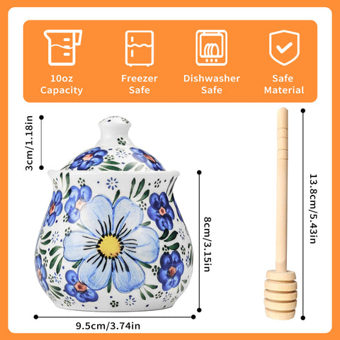 JUSONEY honey pot with handpainted flowers brightens breakfast table.