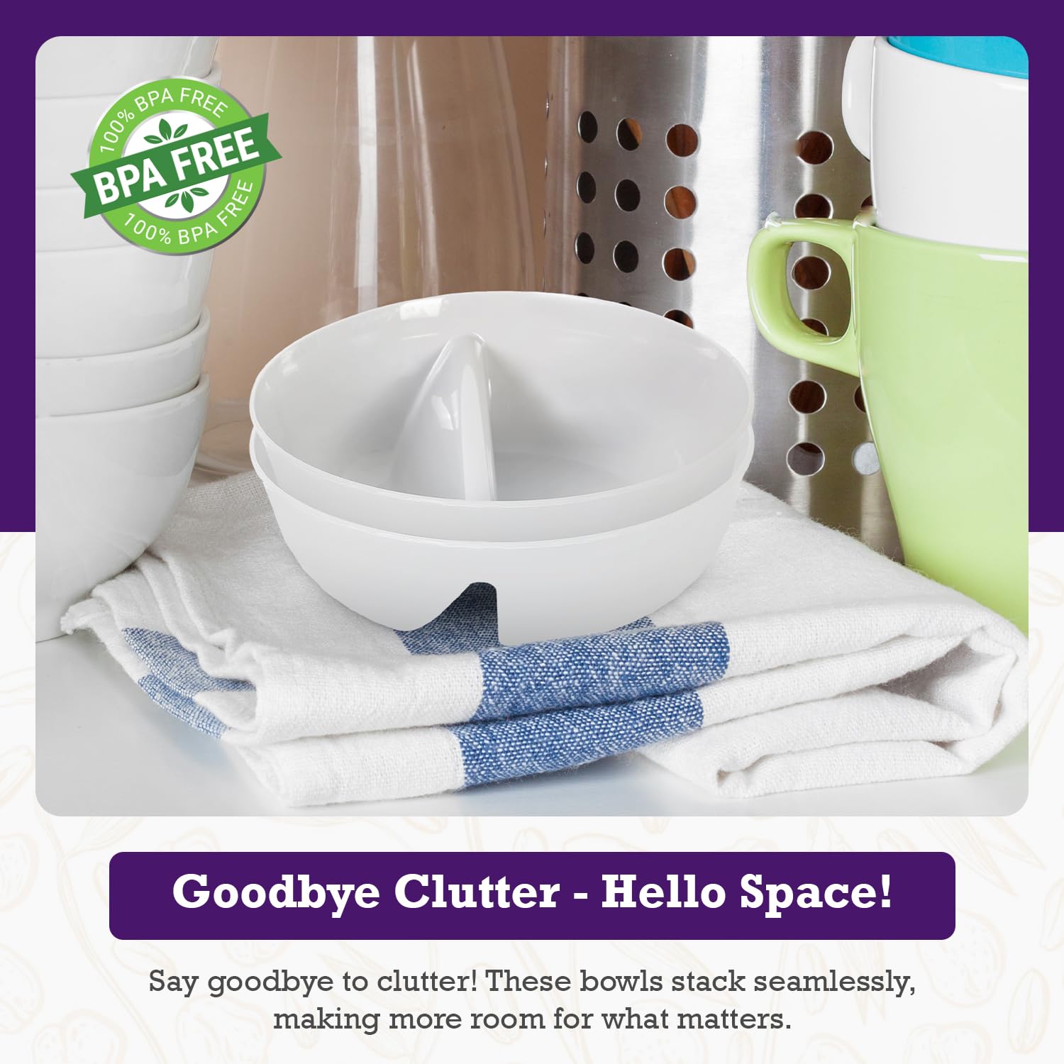 Just Artifacts Just Crunch stackable bowls save cabinet space
