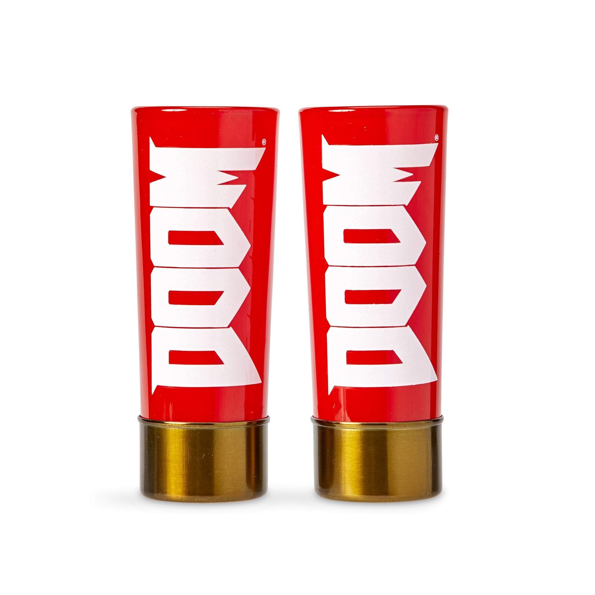 Just Funky DOOM shotgun shell shot glasses in red, two-ounce capacity, perfect for party toasts.