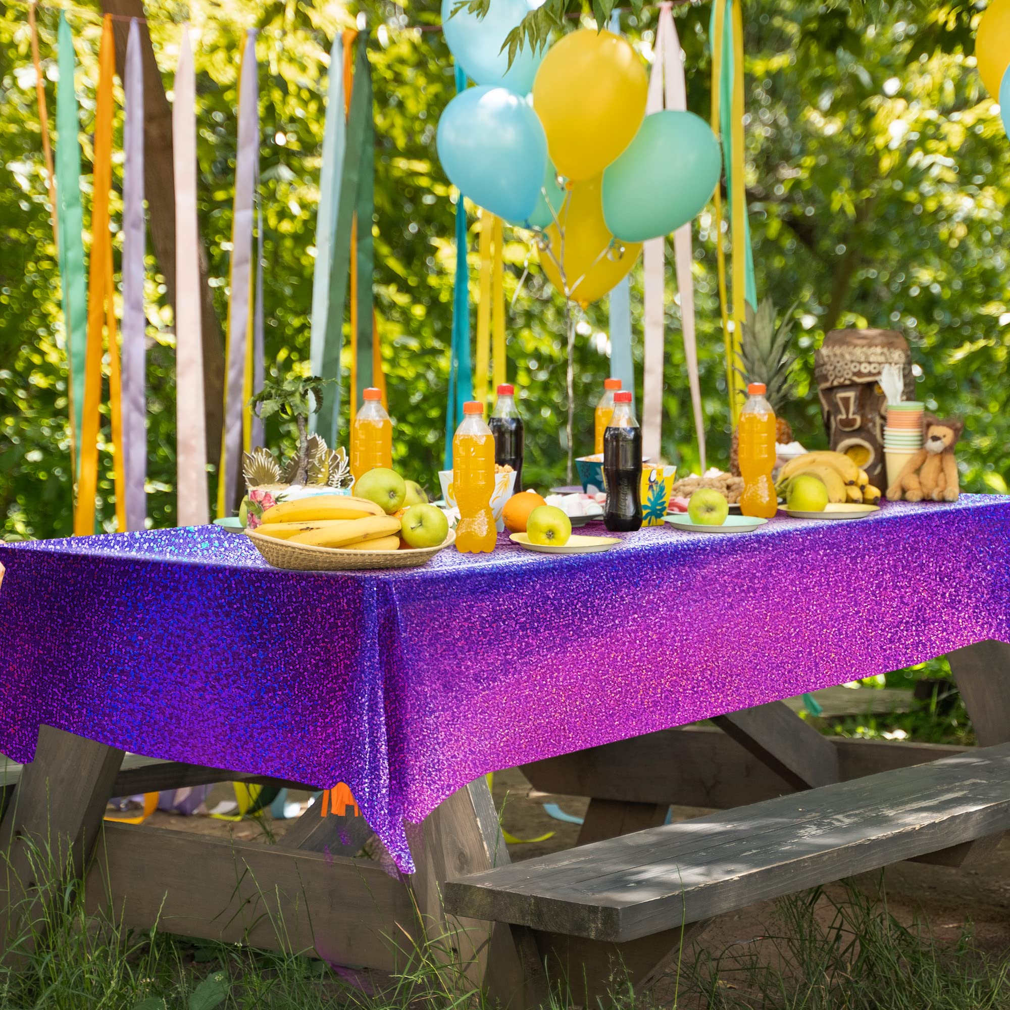 Just Shimmer Sparkling Laser Shine Tablecloth on birthday table creates festive shine
