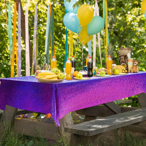 Just Shimmer Sparkling Laser Shine Tablecloth on birthday table creates festive shine