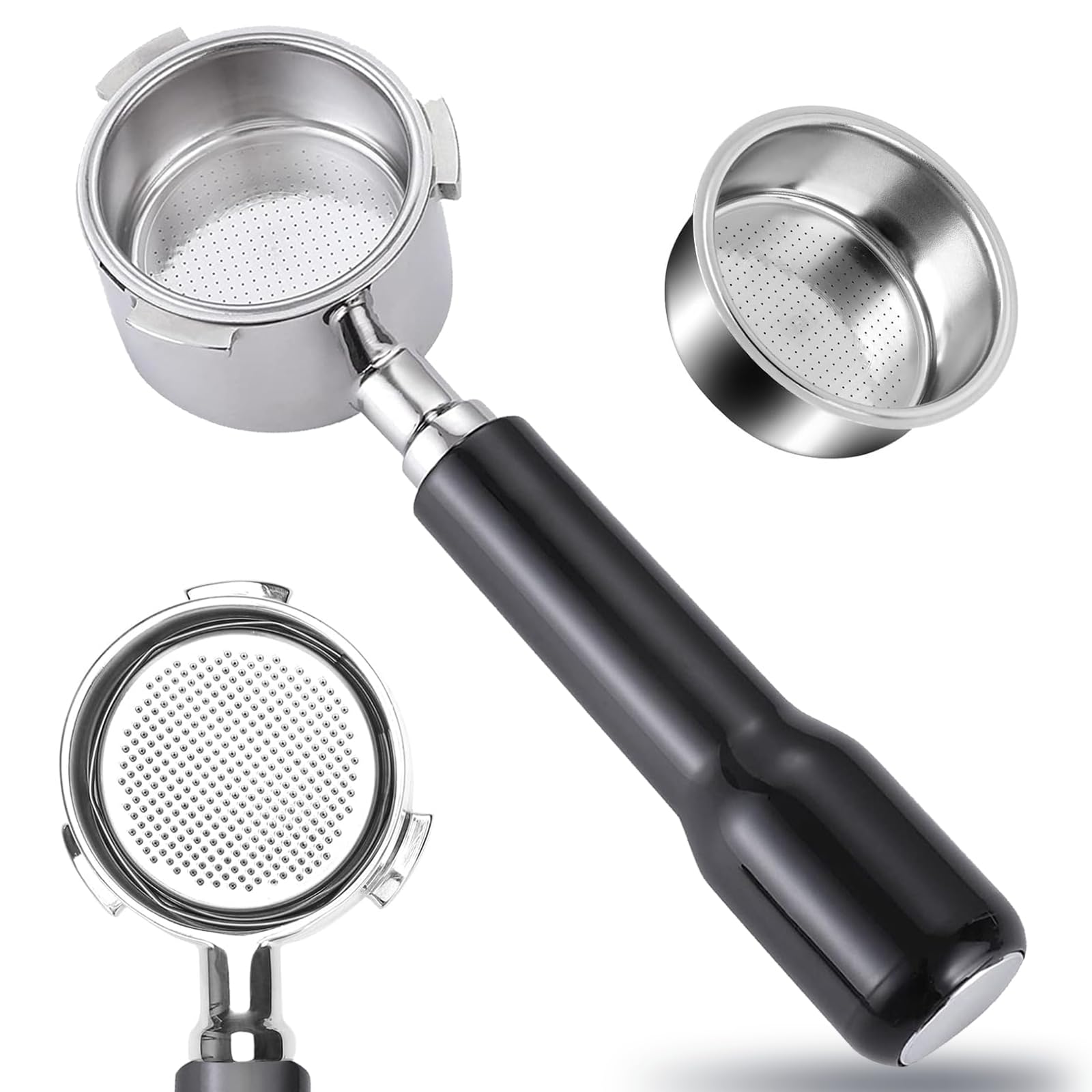 JUSTHERE 51mm bottomless portafilter extraction view demonstrates flow for even extraction