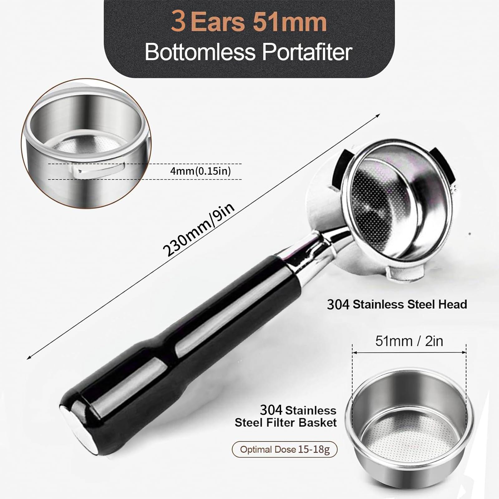JUSTHERE bottomless portafilter with three ears for compatible espresso machines