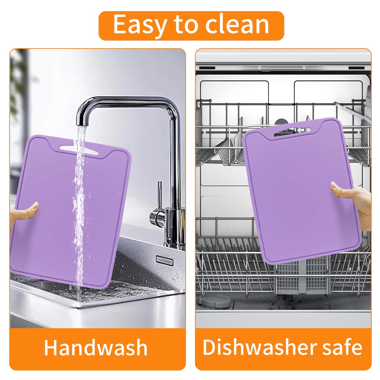 JUSTHERE cutting board is dishwasher safe for quick cleanup after cooking.