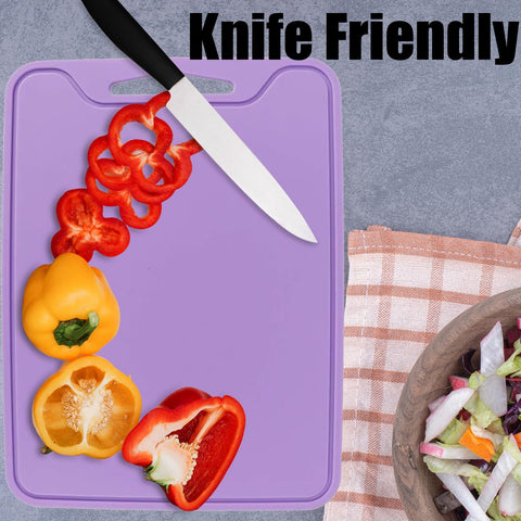 JUSTHERE purple cutting board adds color with a non-stick surface for versatile prep.