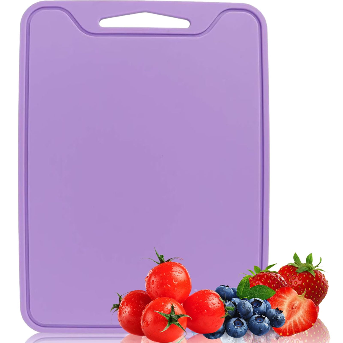 JUSTHERE silicone cutting board with flexible design for easy food transfer.