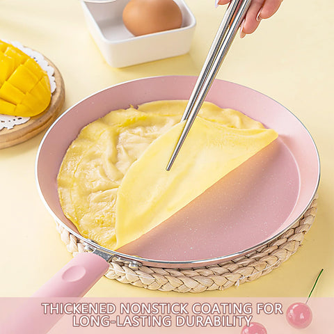 JUSTUP 8-inch pink nonstick frying pan ideal for quick weekday meals.