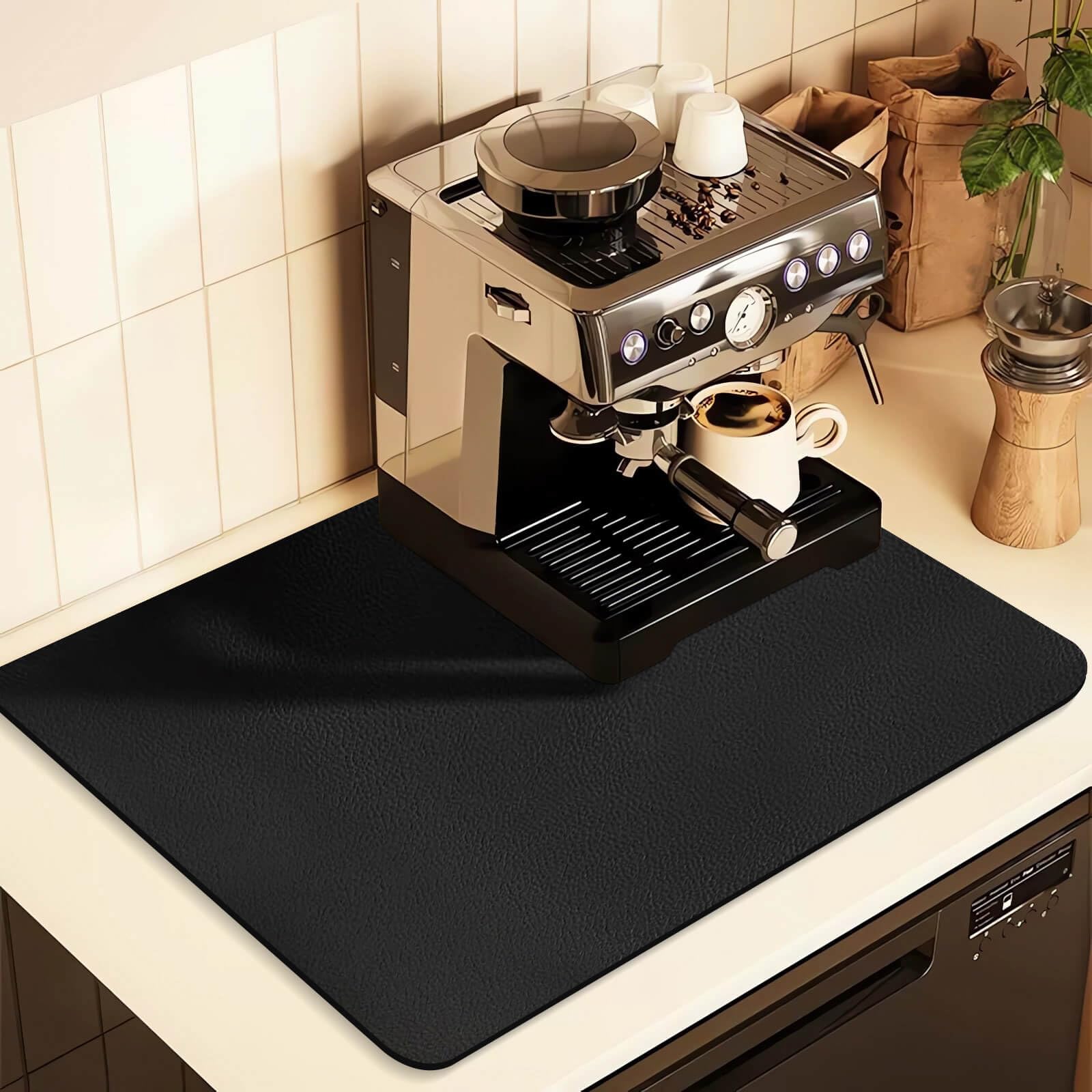 JuSiyley coffee mat under the coffee maker highlighting stain hiding and easy cleaning