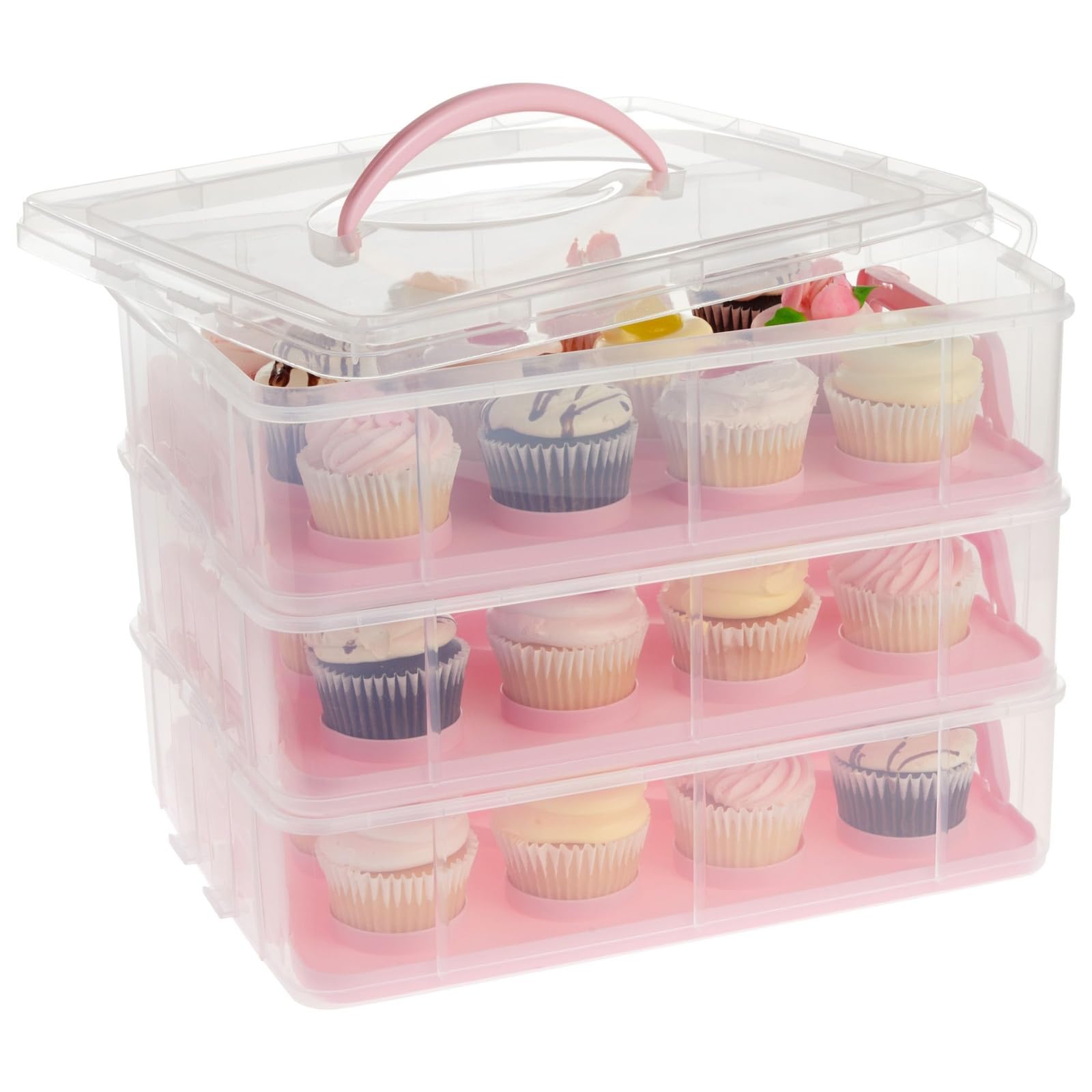 Juvale 3-Tier Cupcake Carrier closed for secure transport of 36 cupcakes on the go.