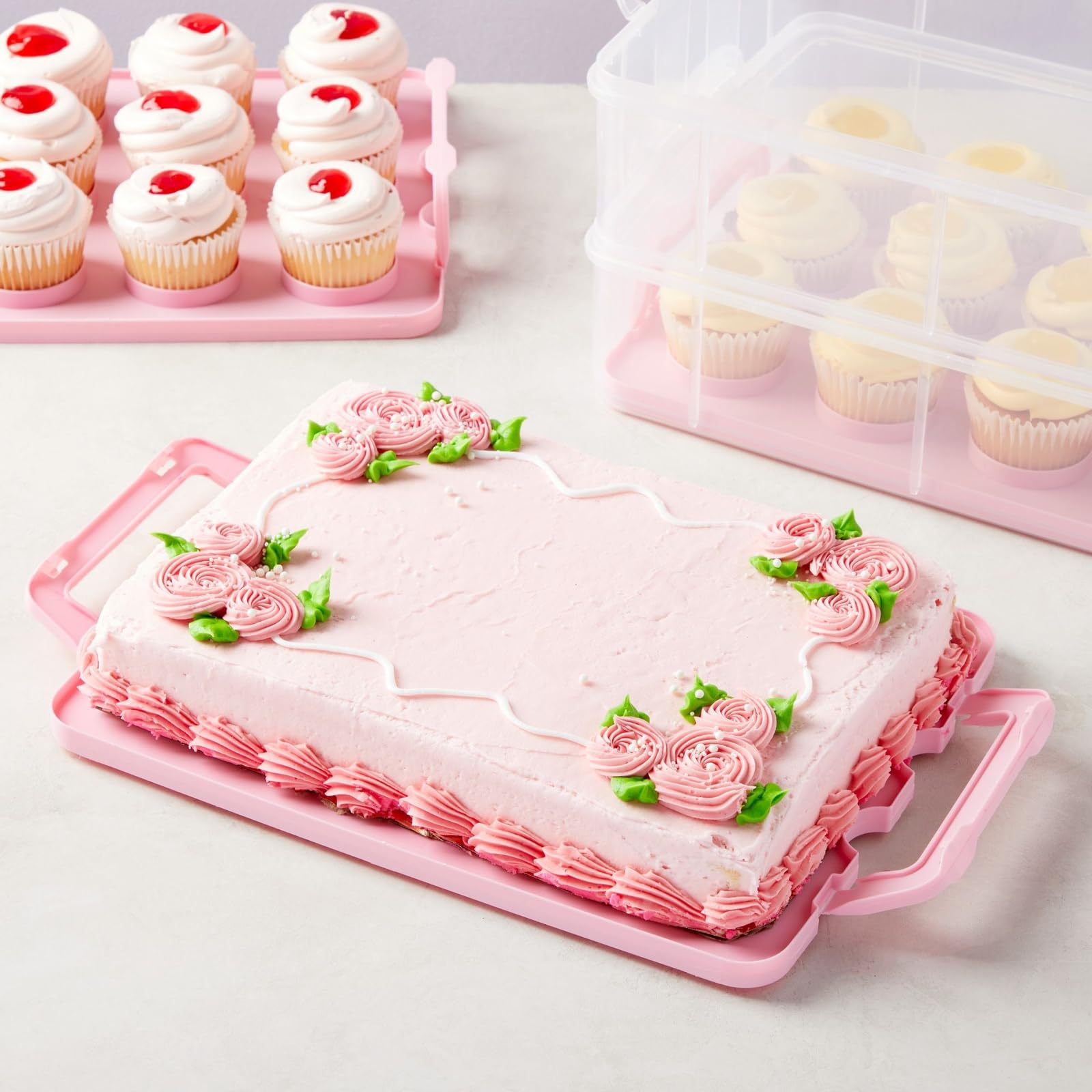 Juvale 3-Tier Cupcake Carrier with removable trays for cupcakes or larger pastries.