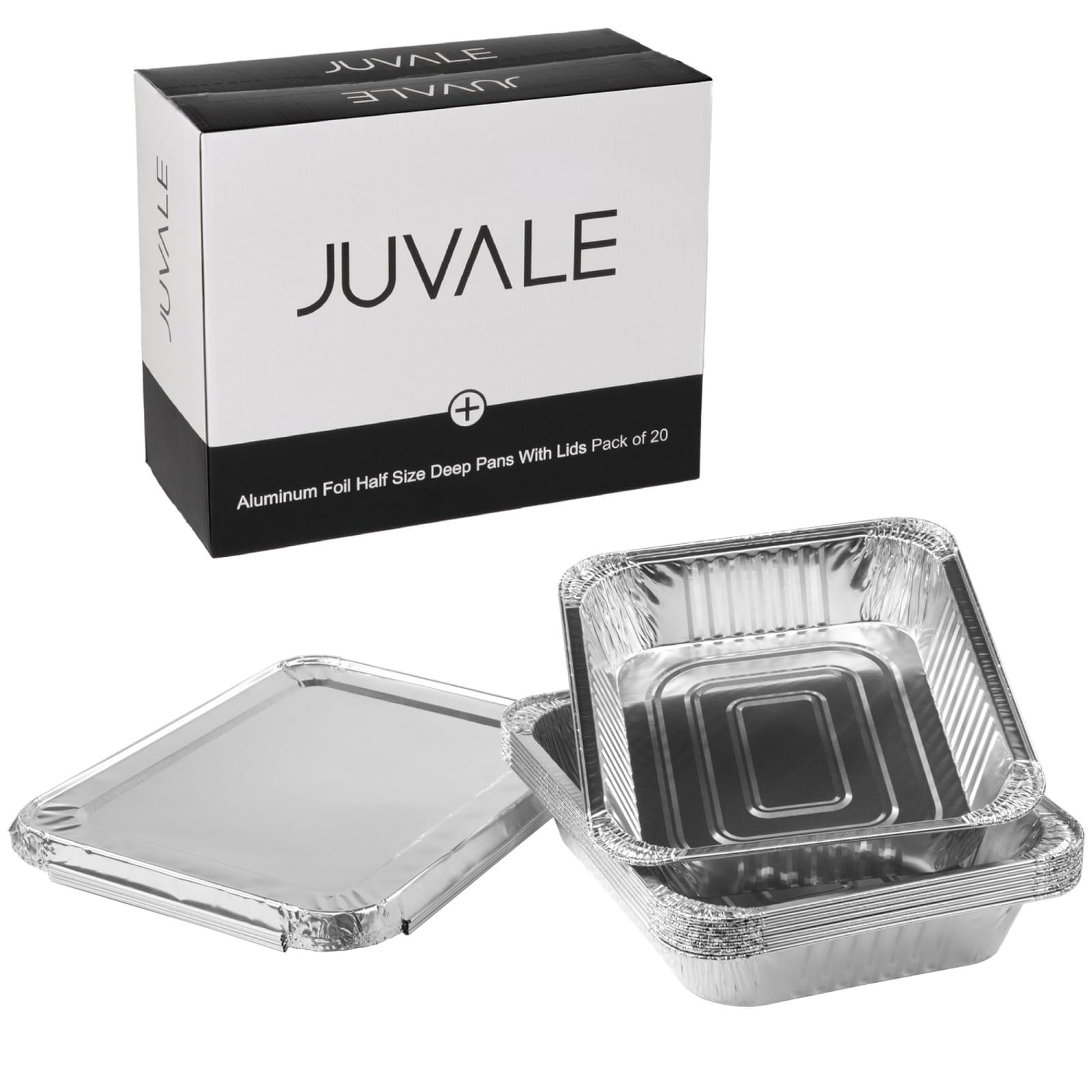 Juvale aluminum pans with lids, 9x13 size, ideal for bake-and-serve holiday meals.