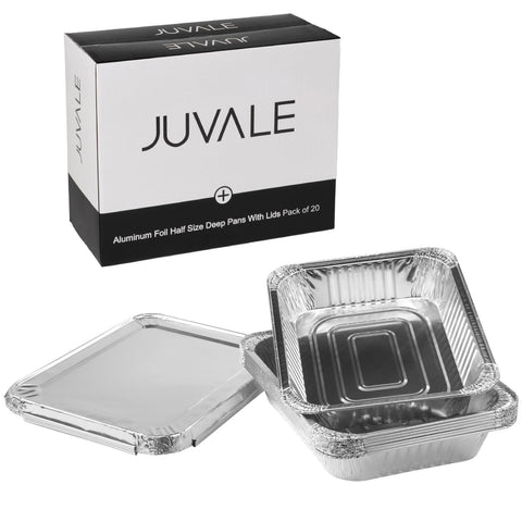 Juvale aluminum pans with lids, 9x13 size, ideal for bake-and-serve holiday meals.