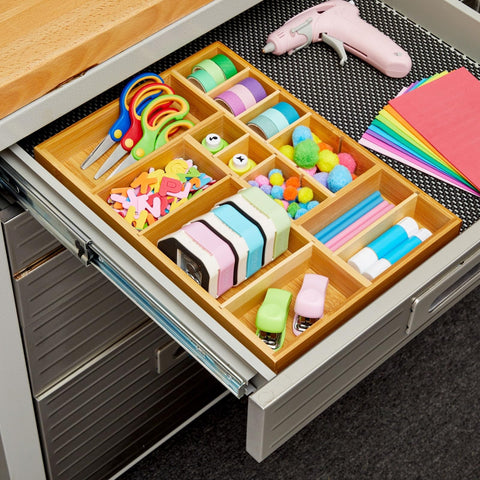 Juvale bamboo drawer divider in natural brown finish for kitchen drawers.