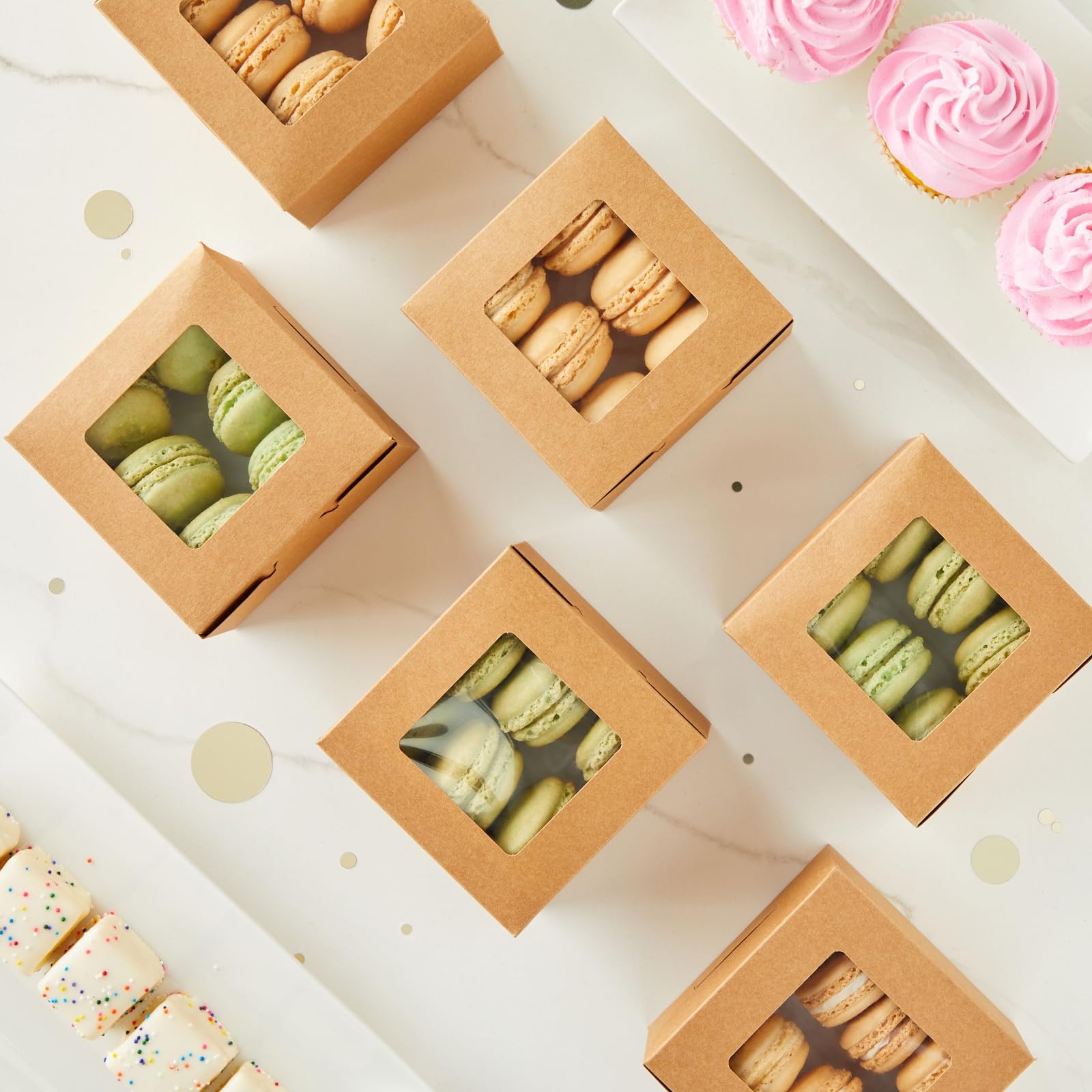 Juvale brown cardboard pastry boxes with window preserve freshness while presenting baked goods.
