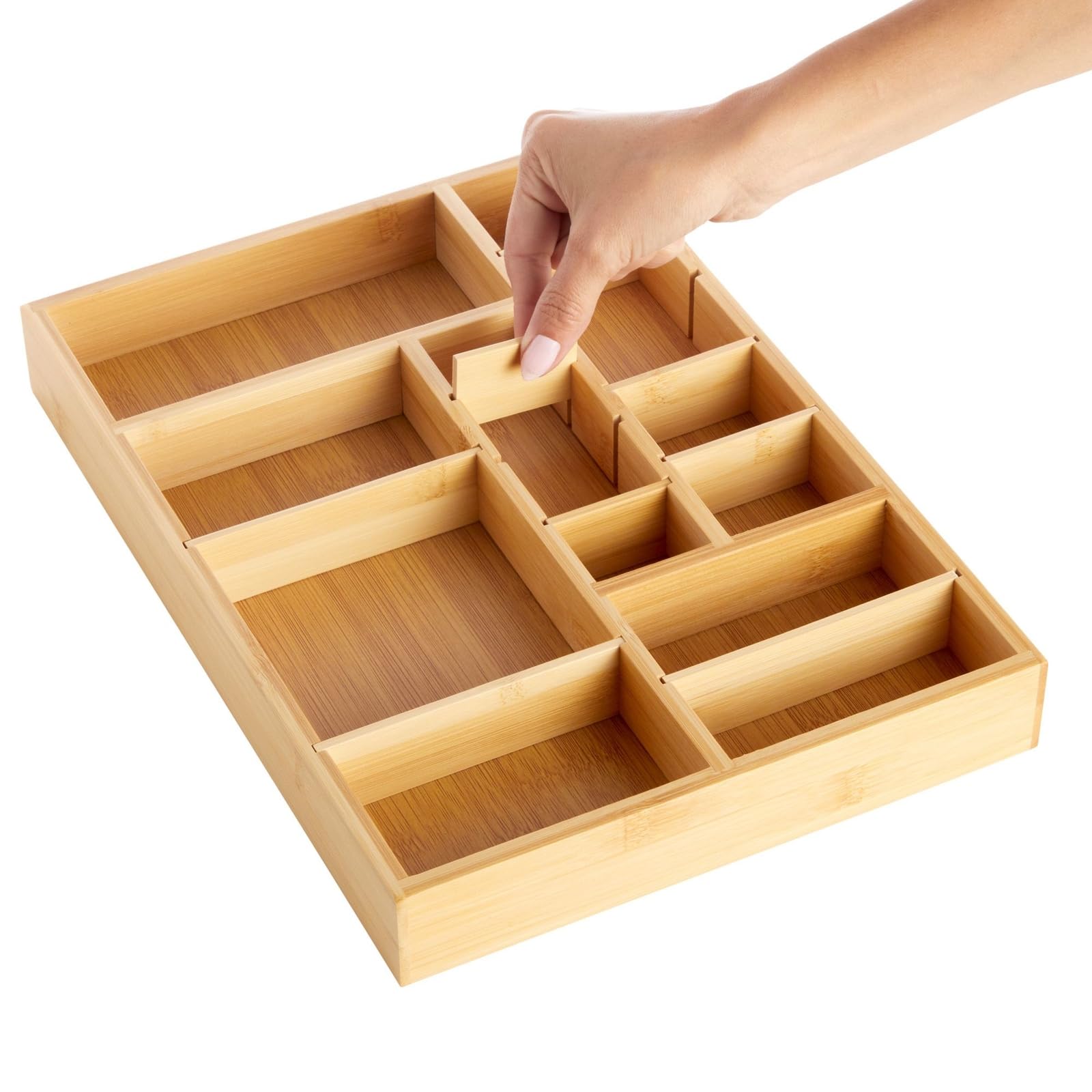 Juvale bamboo drawer organizer tray with eight slots for utensils and office essentials.