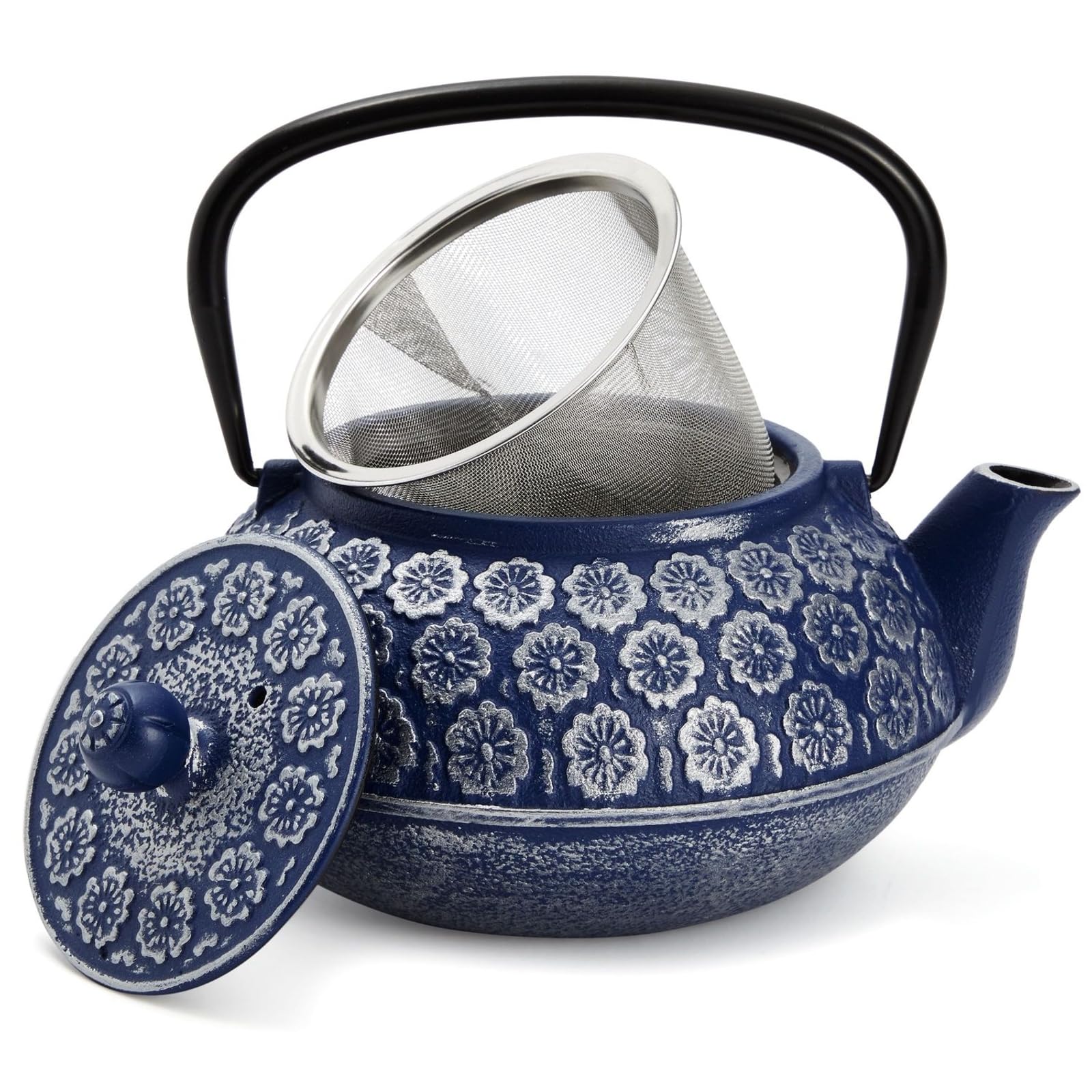 Juvale blue teapot with cast iron body ready for stovetop brewing