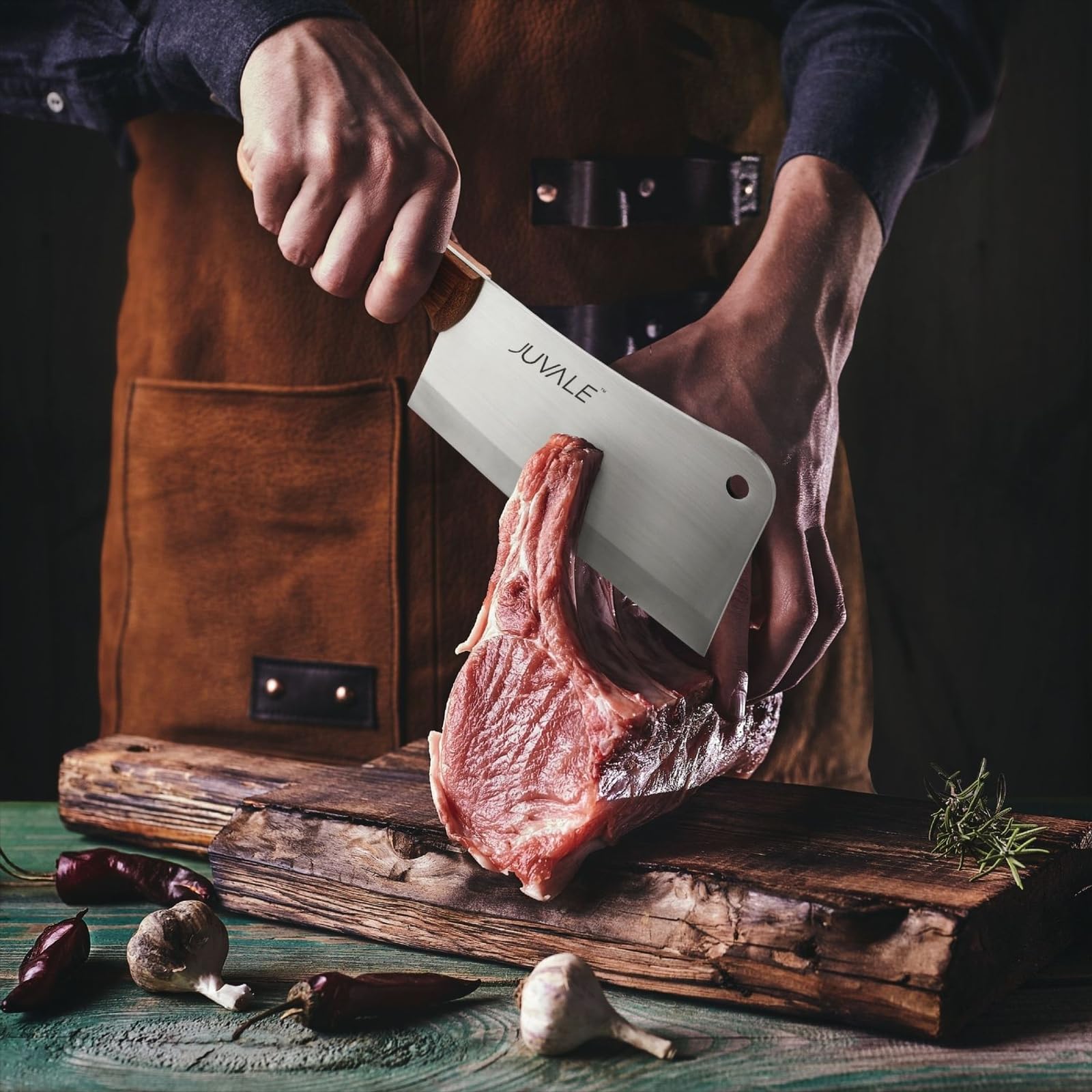 Juvale meat cleaver wood handle close-up showing ergonomic grip.