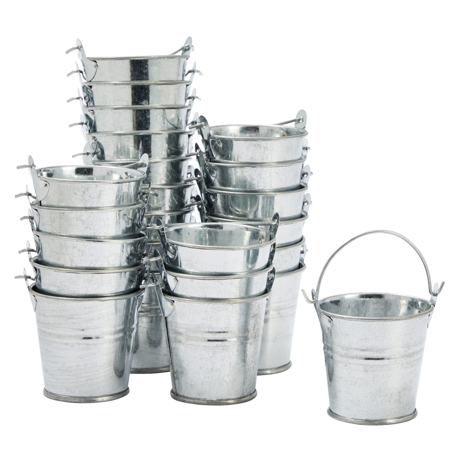 Juvale mini metal buckets front view, showcasing compact 2x2 size for favors