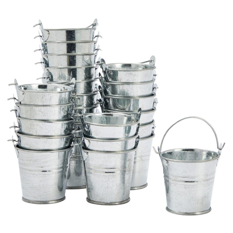 Juvale mini metal buckets front view, showcasing compact 2x2 size for favors