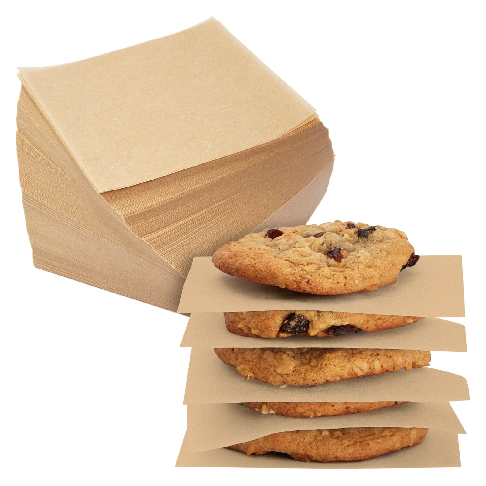 Juvale precut parchment paper squares in brown, 4x4 inches, nonstick for easy cookie prep.