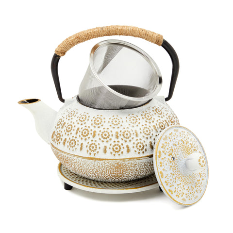 Juvale stovetop cast iron tea kettle with infuser pours smoothly for rich aroma.