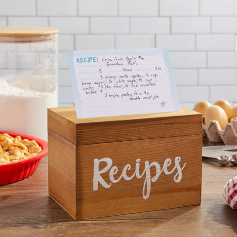 Juvale wooden recipe box with flip-top lid enables quick access to favorites.