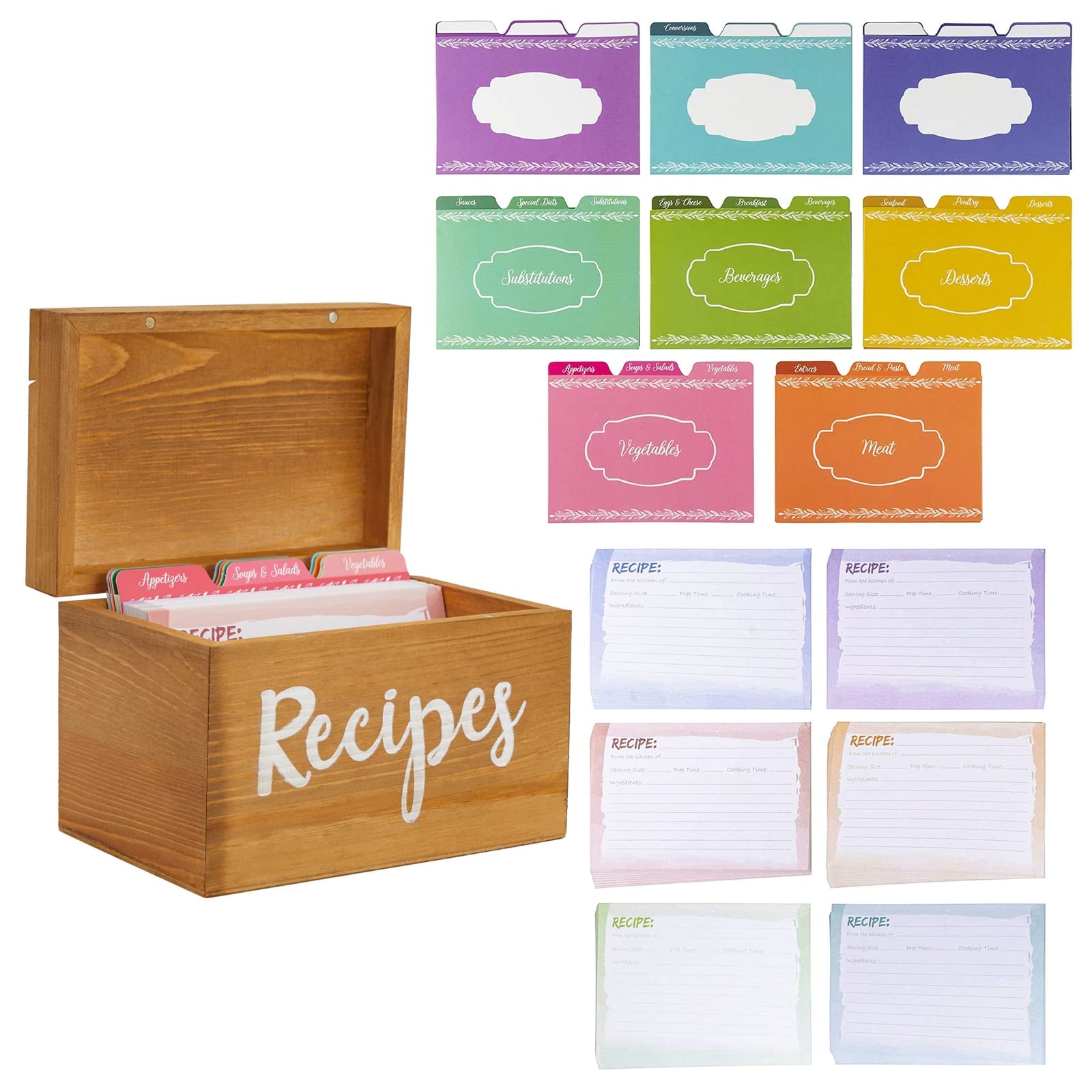 Juvale wooden recipe box with tabs and dividers keeps family recipes neatly organized.