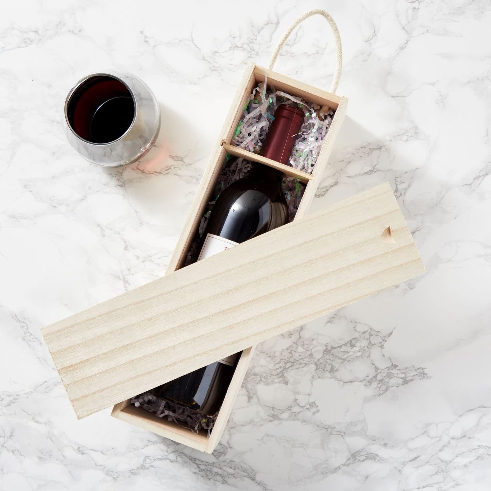 Juvale wooden wine box with handles for easy transport.