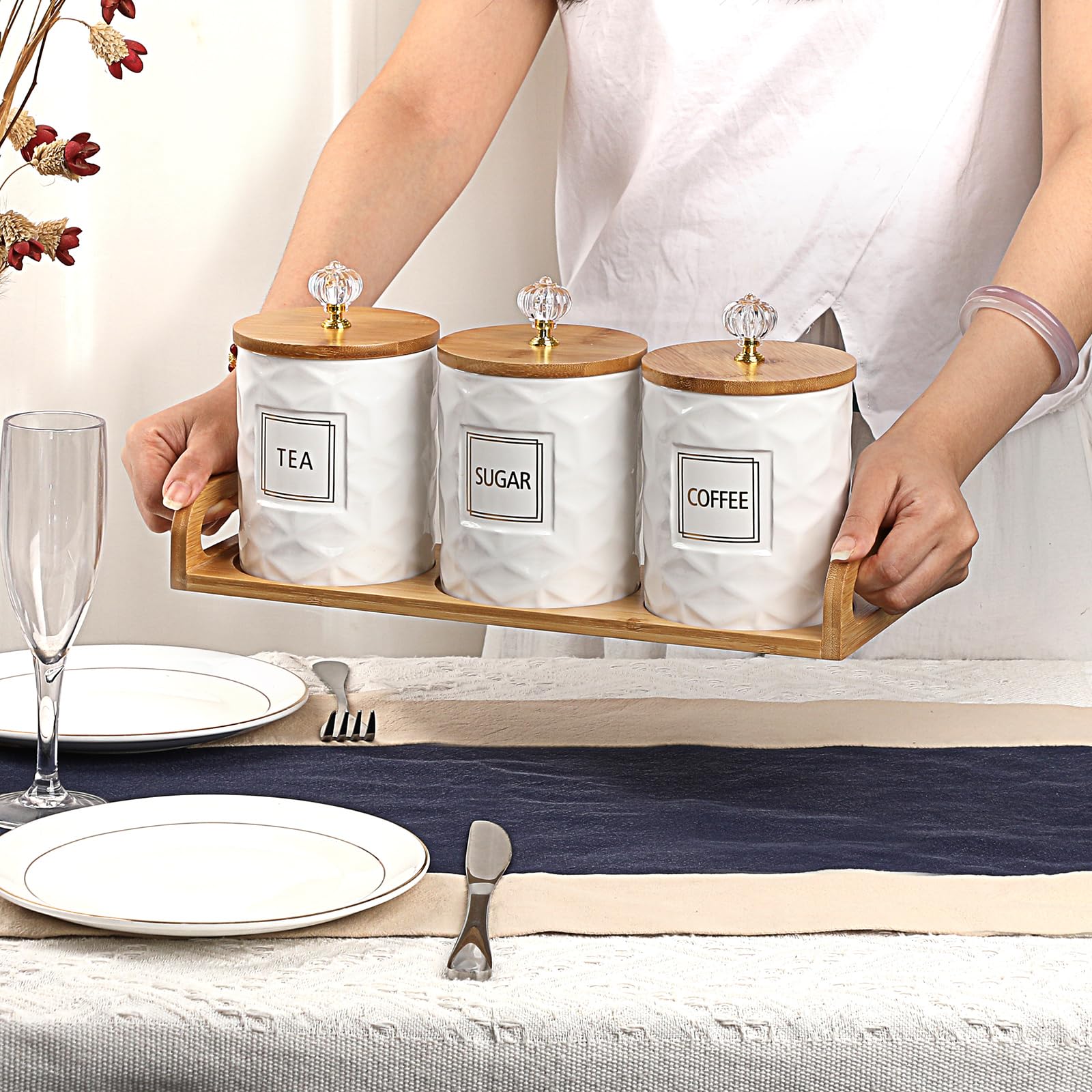 JUXYES canisters on tray form a chic coffee station centerpiece