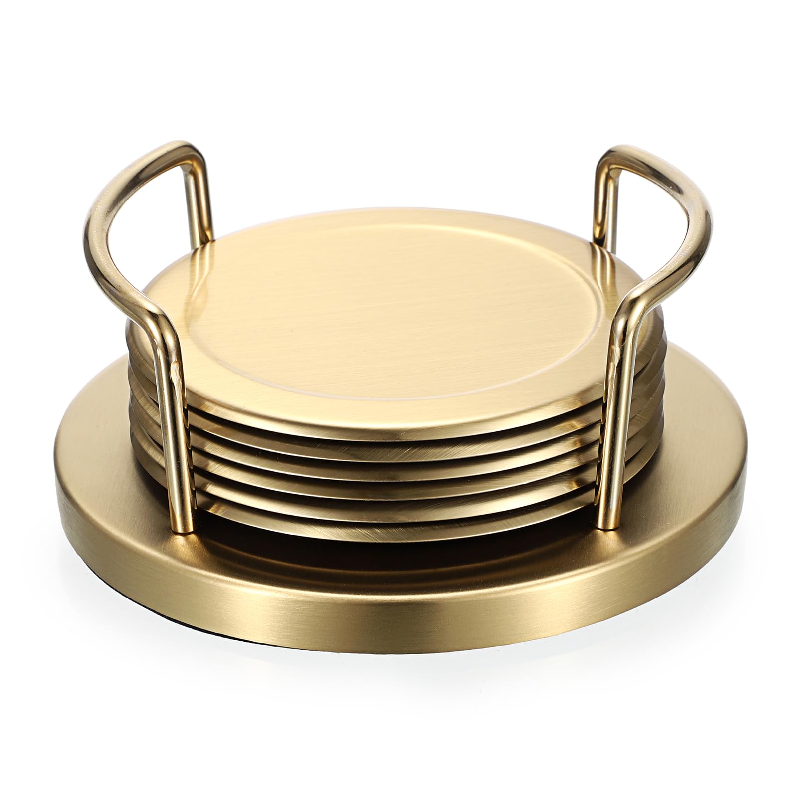 JUXYES golden metal coaster set with holder protects dining tabletops stylishly.