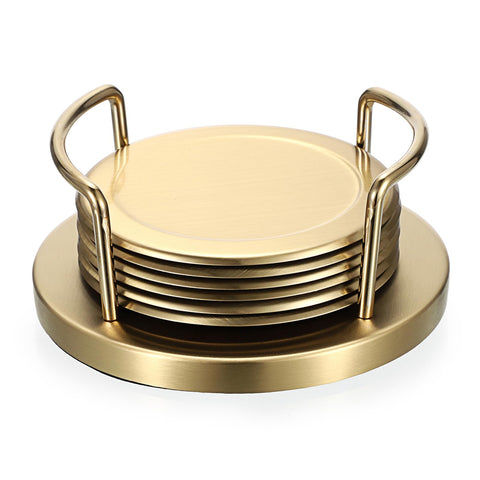 JUXYES golden metal coaster set with holder protects dining tabletops stylishly.
