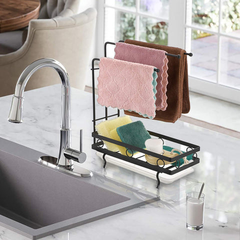 JUXYES brush bottle holder keeps brushes organized beside sink.