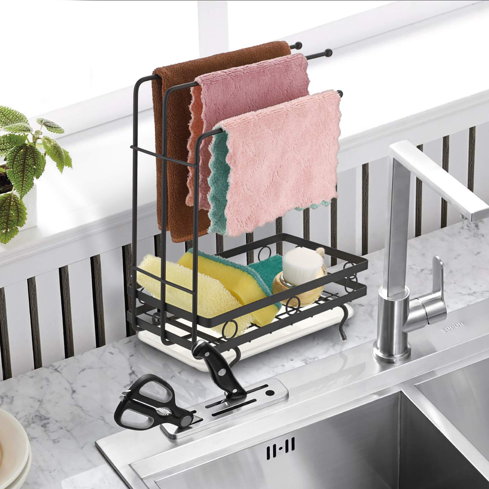 JUXYES sink caddy helps keep the counter organized and easy to tidy up.