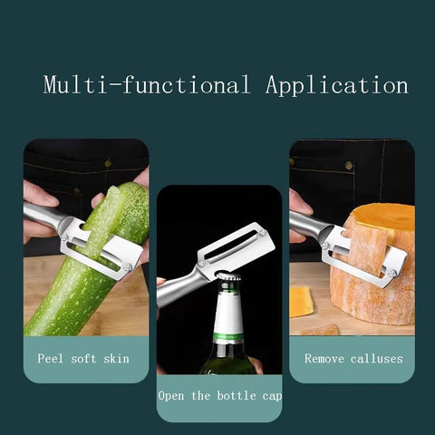 Juyght peeler with built in bottle opener for convenient prep